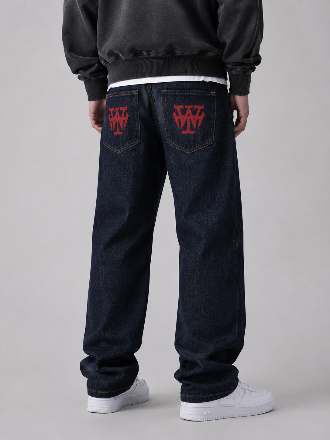 Aizome – Men's Vintage Washed Barrel Leg Jeans (Red Monogram)