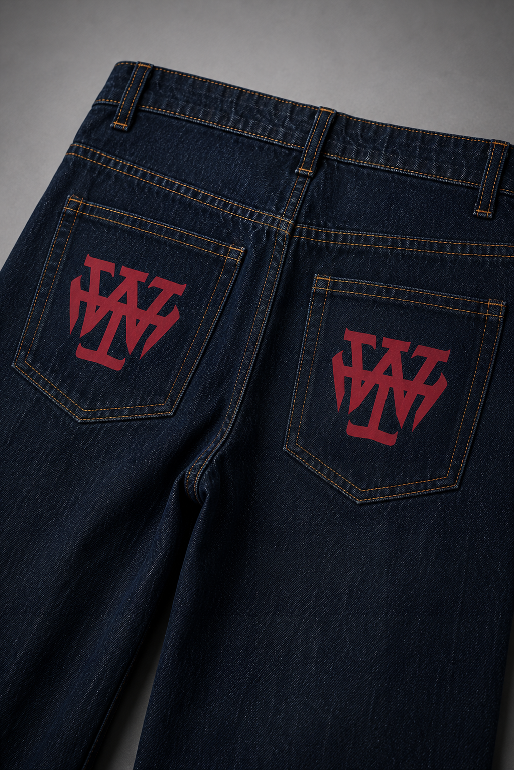 Aizome – Men's Vintage Washed Barrel Leg Jeans (Red Monogram)